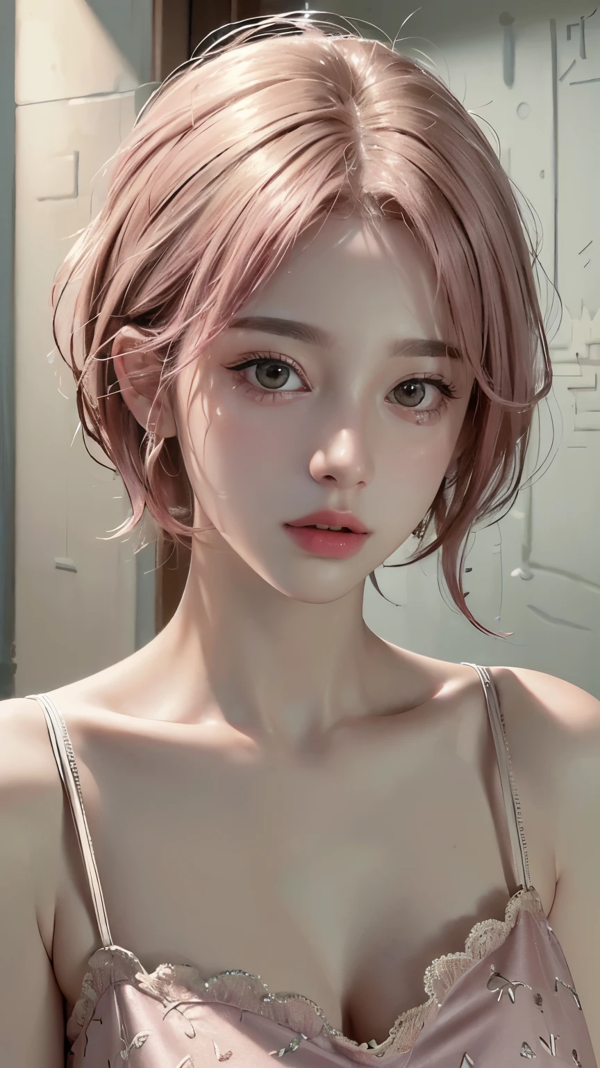 (8k, highest quality, masterpiece: 1.4), Very detailed, highest quality, Ultra-high resolution, Written boundary depth,(Realistic:1.4,RAW shooting,)Ultra-Realistic Capture,(Very detailed,High definition 16K), cute, girl, short hair, Pink Hair, refresh, clear