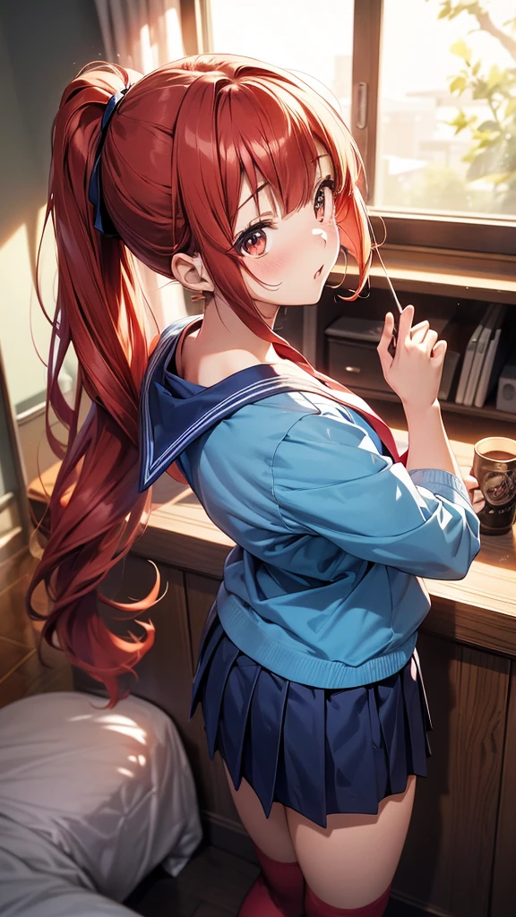 ore no imouto ga konna ni kawaii wake ga nai, 25-yers-old girl with crimson red hair- pulled up into twin ponytails, wearing a blue sailor suit and pleated skirt, long thigh length socks, living room at night background, back turned, looking over her shoulder