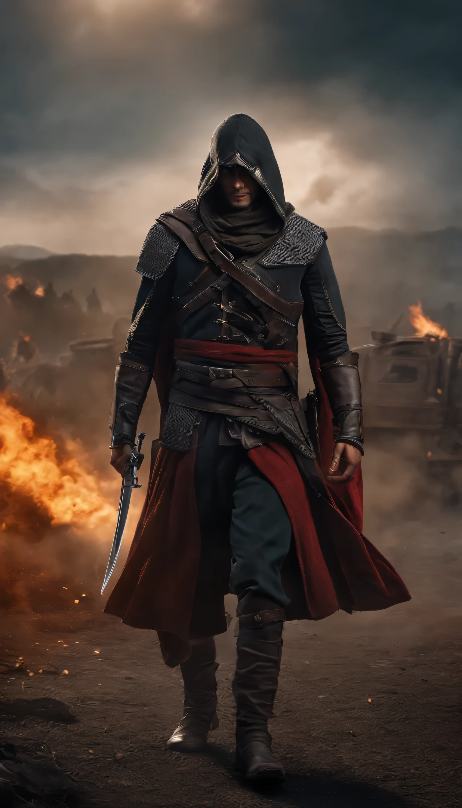 Realistic, 4k, a male assasin, dengan senjata dager di tangan dengan menggunakan Hood on head in war background image (caos)