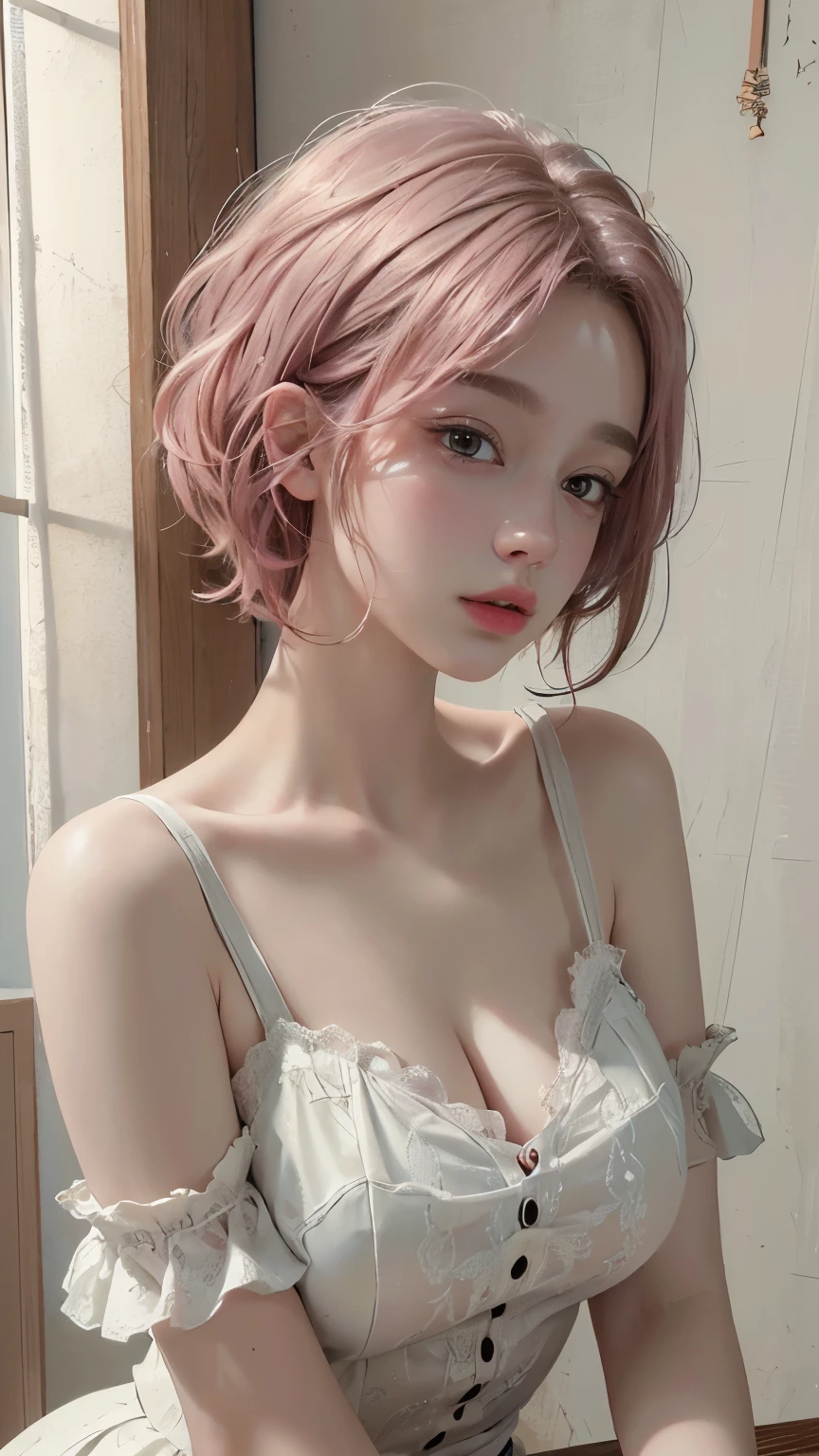 (8k, highest quality, masterpiece: 1.4), Very detailed, highest quality, Ultra-high resolution, Written boundary depth,(Realistic:1.4,RAW shooting,)Ultra-Realistic Capture,(Very detailed,High definition 16K), cute, girl, short hair, Pink Hair, refresh, clear
