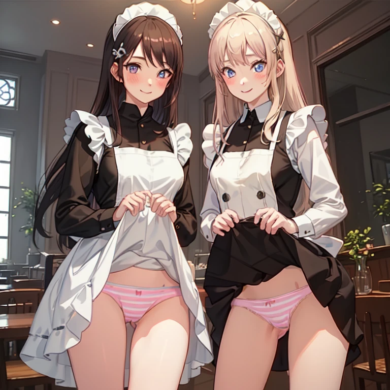 highest quality、masterpiece、((2 women:1.5))、((smile:1.3))、(blush:1.3)、Black Shirt、blouse、((fun!!))、(Small breasts)、(Blonde:1.3)、(long hair)、(Long sleeve)、((White apron:1.5))、((Maid))、((hair ornaments)),、Kamimei、look at me、 ((in house:1.5))、 Taking a break from watching the audience、Cowboy Shot、(Skirt lift:1.3),(Highly detailed pink striped panties:1.3)、(Highly detailed panties:1.3)、、(スカート that rolls up:1.3)、(Panties fully exposed:1.5)、Light blue eyes、long hair、Glowing Eyes