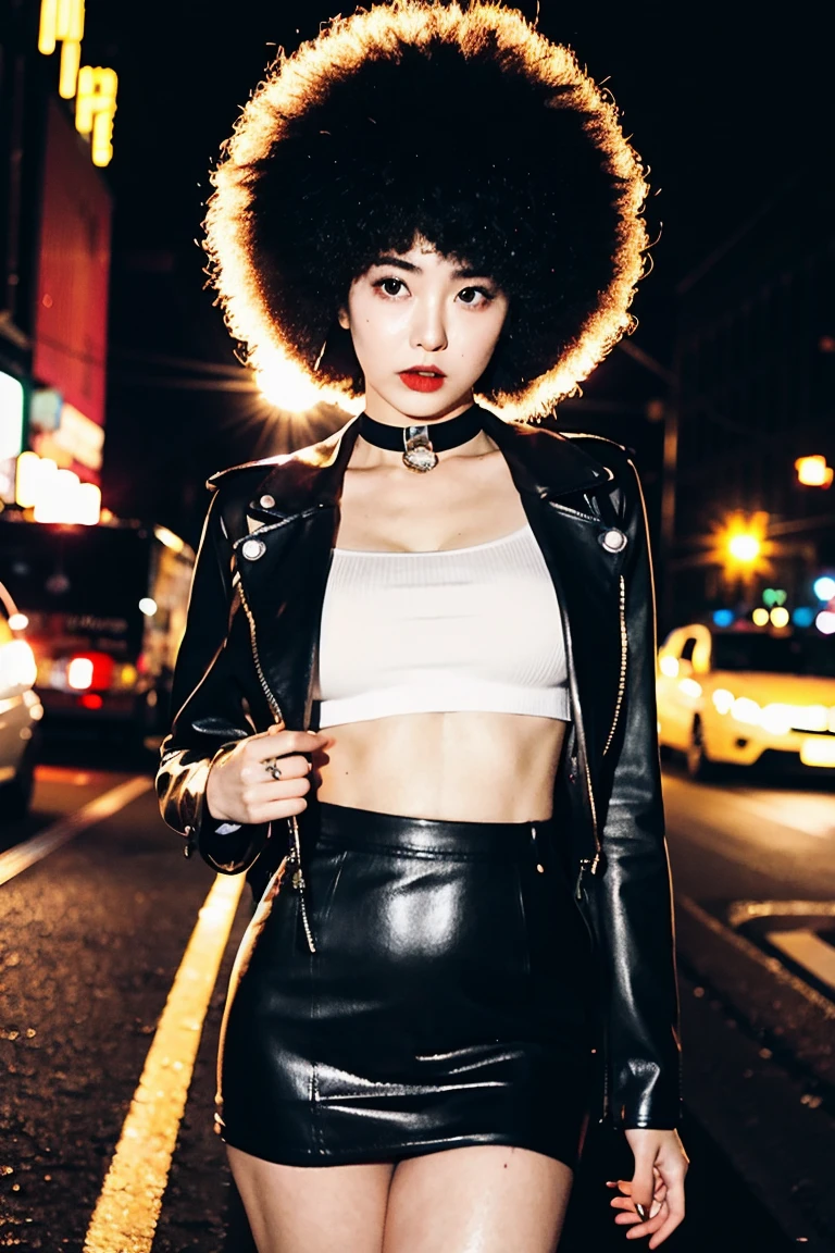 (Cinematic Aesthetic:1.4) Photo of a beautiful korean fashion model bokeh city night with round disco afro wig, tape on breast, super mini skirt,big bust, Clevage, opened black leather jacket, make up, exposed stomach, sexy look, choker