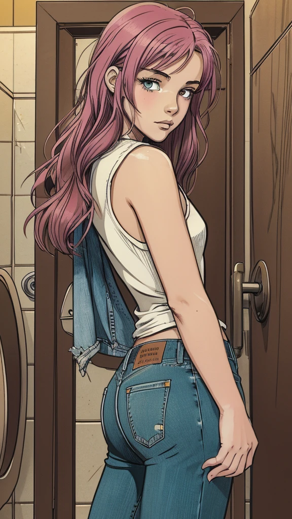vector image:1.2, 2d cartoon,masterpiece, An anime 1woman, blush,colored hair, simulates intercourse:1.4, bold makeup, slave look, nylon stockings with garters, denim shorts, sporty top, fuck-me, gloomy orgasm,in restroom, from side