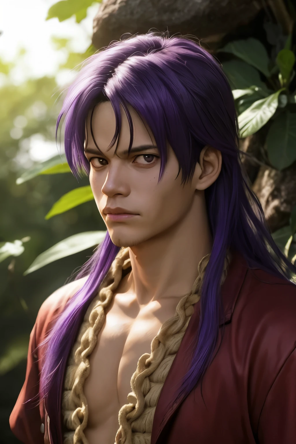 ultra realistic, photon, Luffy with long hair, purple eyes and purple hair.(detallado)