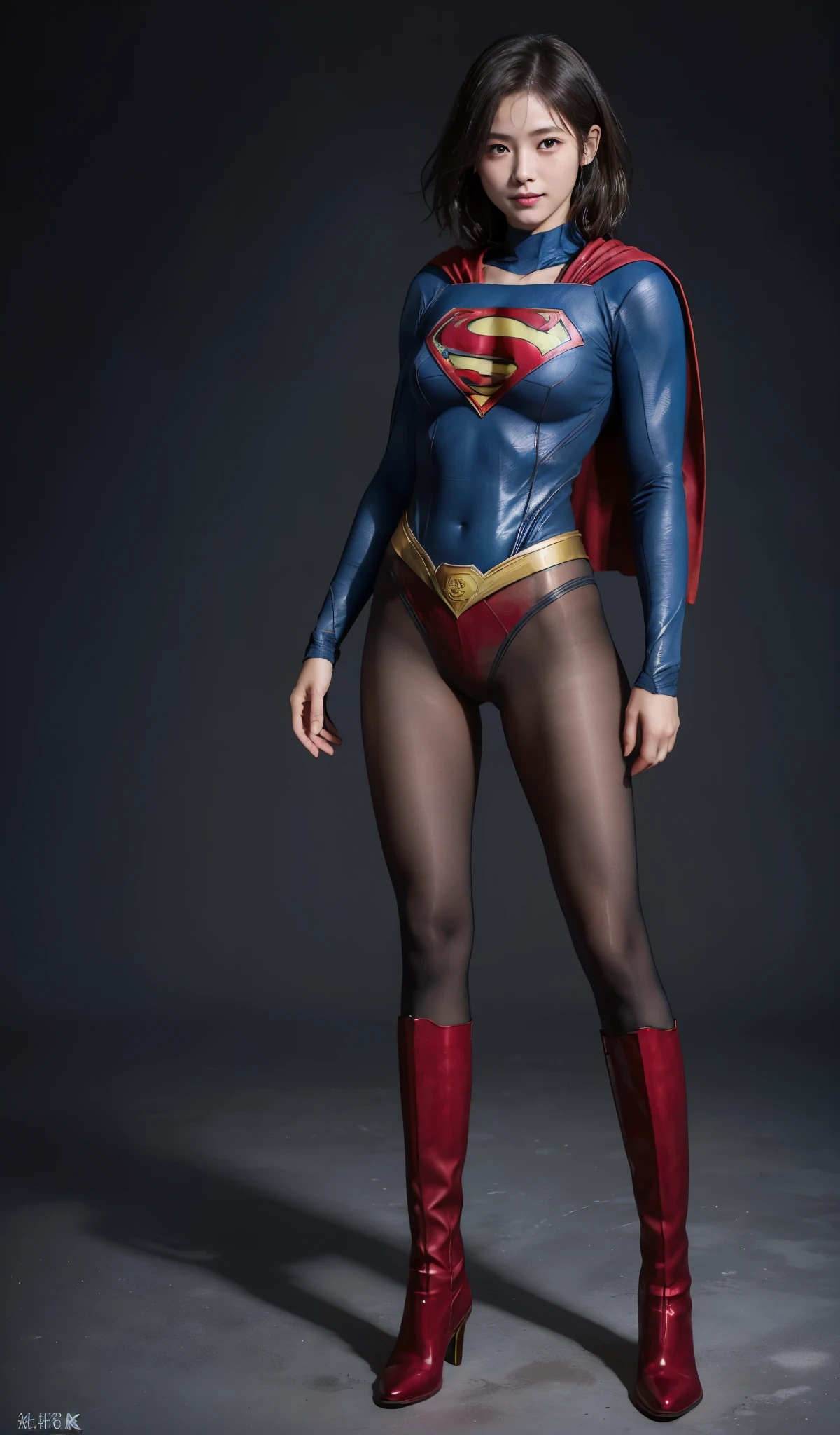 No background、(((Beautiful legs in black tights.)))、(((Legally express the beauty of your smile)))、((((Make the most of your original images)))、(((Supergirl Costume)))、(((Beautiful short bob hair)))、(((suffering)))、(((Please wear black tights....、Wear red boots)))、((Best image quality、8k))、((highest quality、8k、masterpiece:1.3))、(((Preserve background )))、Sharp focus:1.2、Beautiful woman with perfect figure:1.4、Slim Abs:1.2、Wet body:1.5、Highly detailed face and skin texture、8k