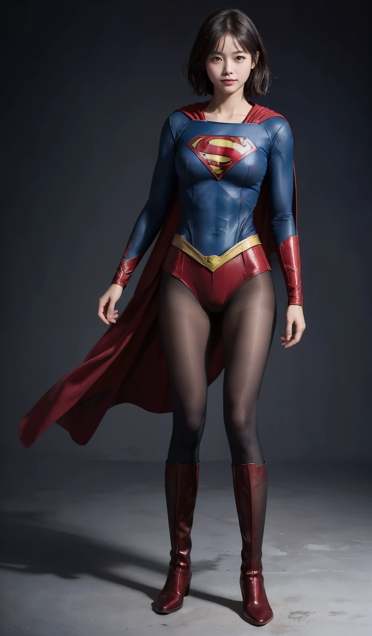 No background、(((Beautiful legs in black tights.)))、(((Legally express the beauty of your smile)))、((((Make the most of your original images)))、(((Supergirl Costume)))、(((Beautiful short bob hair)))、(((suffering)))、(((Please wear black tights....、Wear red boots)))、((Best image quality、8k))、((highest quality、8k、masterpiece:1.3))、(((Preserve background )))、Sharp focus:1.2、Beautiful woman with perfect figure:1.4、Slim Abs:1.2、Wet body:1.5、Highly detailed face and skin texture、8k