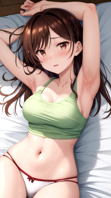 Chizuru, large breasts, thighs, bedroom, lying on bed, from above, tanktop, shoulders, skirt, night, armpits, small breasts, sweaty armpits, she is hot and sweaty, wet clothes, wet body, navel, white panties