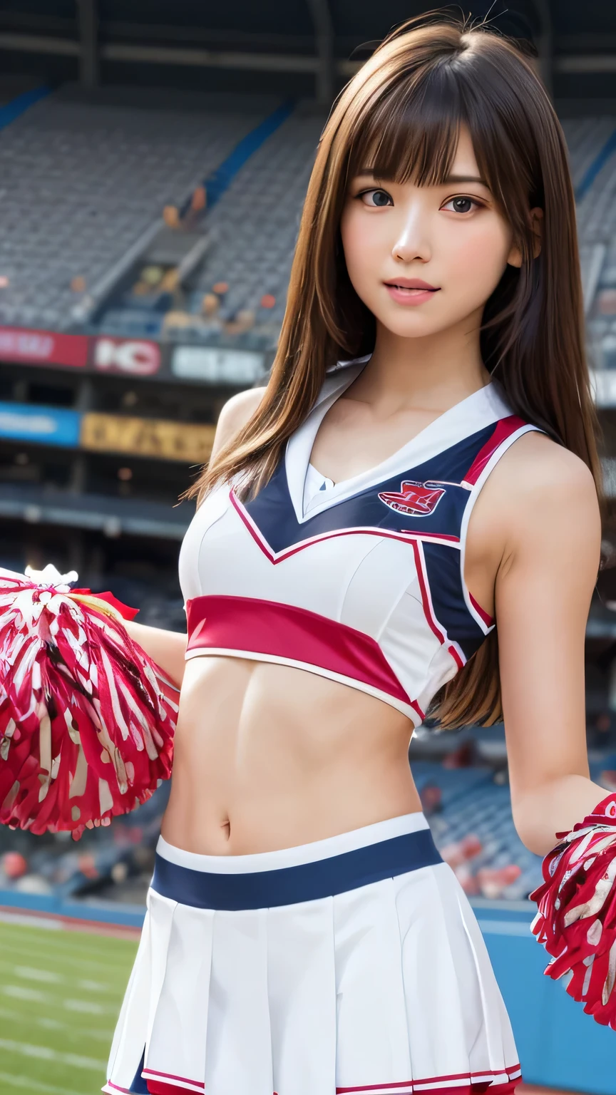 one girl, (a beauty girl, delicate girl:1.3), (Age 25, Gal:1.3), break, (Cheerleader uniforms:1.3), break, Very fine grain definition, (Symmetrical eyes:1.3), break, (Stadium:1.3), break, Oversized breasts, Brown eyes, Parted bangs, Brown Hair, girl, break, (Eyes and facial details:1.0), break, (masterpiece, highest quality, Super detailed, Detailed face, 8k)
