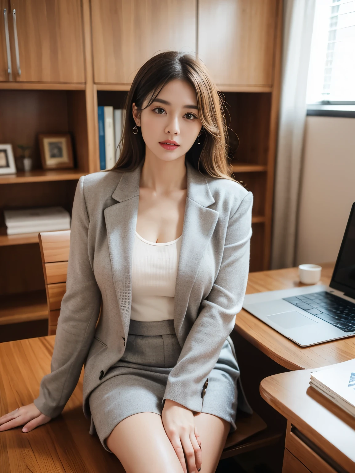 ((highest quality、Tabletop、8k、Best image quality))、(一人の成熟したwoman、She holds the most luxurious CEO position.）、Office Wooden Furniture、that&#39;It is hanging on a large wooden desk..、Sit on a chair、Secretary with elegant posture、(photograph 1 枚:1.5)、(woman&#39;photograph&#39;Upper Body:1.5)、(Dark grey formal suit:1.4)、(black formal blouse:1.4)、(The most extravagant and luxurious library、Bright candle lighting、The most luxurious and extravagant desk、The most luxurious and extravagant glass showcase、the most luxurious and luxurious chair、the most luxurious and luxurious carpet、The most luxurious and extravagant bookshelf、the most luxurious and luxurious curtains)、Perfect Anatomy、Beautiful Teeth、smile、Detailed face、(D cup breasts）、（Standard body type）、（Short black hair:1.6）、