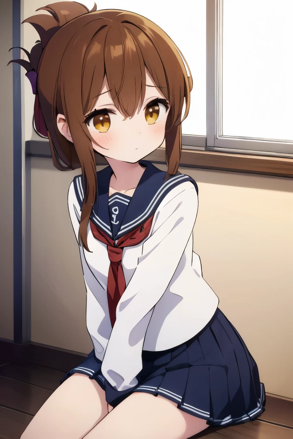 A female student in uniform is feeling unwell and is sitting on the floor of the gymnasium watching a physical education class(masterpiece, best quality:1.2),illustration,8k,hd,1girl,solo,upper body,(portrait:1.2),brown_hair,folded_ponytail,brown_eyes,serafuku,long_hair,school_uniform,skirt,pleated_skirt,