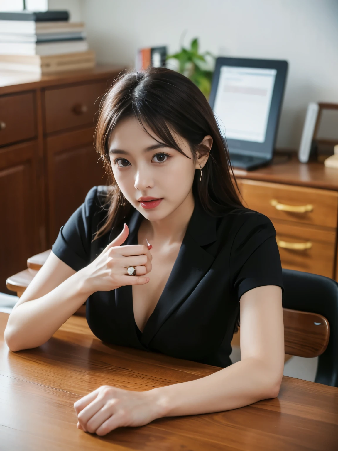 ((highest quality、Tabletop、8k、Best image quality))、(一人の成熟したwoman、She holds the most luxurious CEO position.）、Office Wooden Furniture、that&#39;It is hanging on a large wooden desk..、Sit on a chair、Secretary with elegant posture、(photograph 1 枚:1.5)、(woman&#39;photograph&#39;Upper Body:1.5)、(Dark grey formal suit:1.4)、(black formal blouse:1.4)、(The most extravagant and luxurious library、Bright candle lighting、The most luxurious and extravagant desk、The most luxurious and extravagant glass showcase、the most luxurious and luxurious chair、the most luxurious and luxurious carpet、The most luxurious and extravagant bookshelf、the most luxurious and luxurious curtains)、Perfect Anatomy、Beautiful Teeth、smile、Detailed face、(D cup breasts）、（Standard body type）、（Short black hair:1.6）、