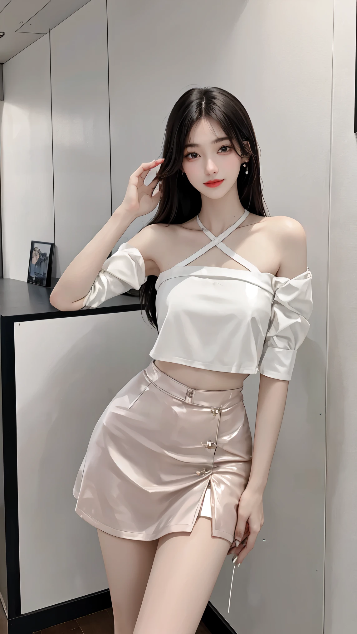 1girl,short skirt,Two piece fashionable outfit, ((Bare shoulders)), ((Full breasts)), ((The skirt is short)), ((Sexy legs)), ((whole body)), Practical, Fashion girl, Red lips, Young women, Exquisite makeup, big eyes, beautiful, (best quality, masterpiece:1.2), ((Clear images)), The right hand, The right hand指, Anatomically correct, Ultra Detailed, (Practical:1.37), ((Random scenes, Random shooting angles)), ((Sexy long legs)), Young and energetic, Charming model, (Delicateeyes, Delicate lips), Show a bright smile, Create stunning girl images, warm color, Very high color saturation, Official Art, Extremely detailed CG, Unity 8K Wallpaper, (High Dynamic Range :1.4), (Movie atmosphere),(Soft colors), (Natural skin texture, ultra-Practical, Soft Light, sharp),(Very detailed), night, moonlight
