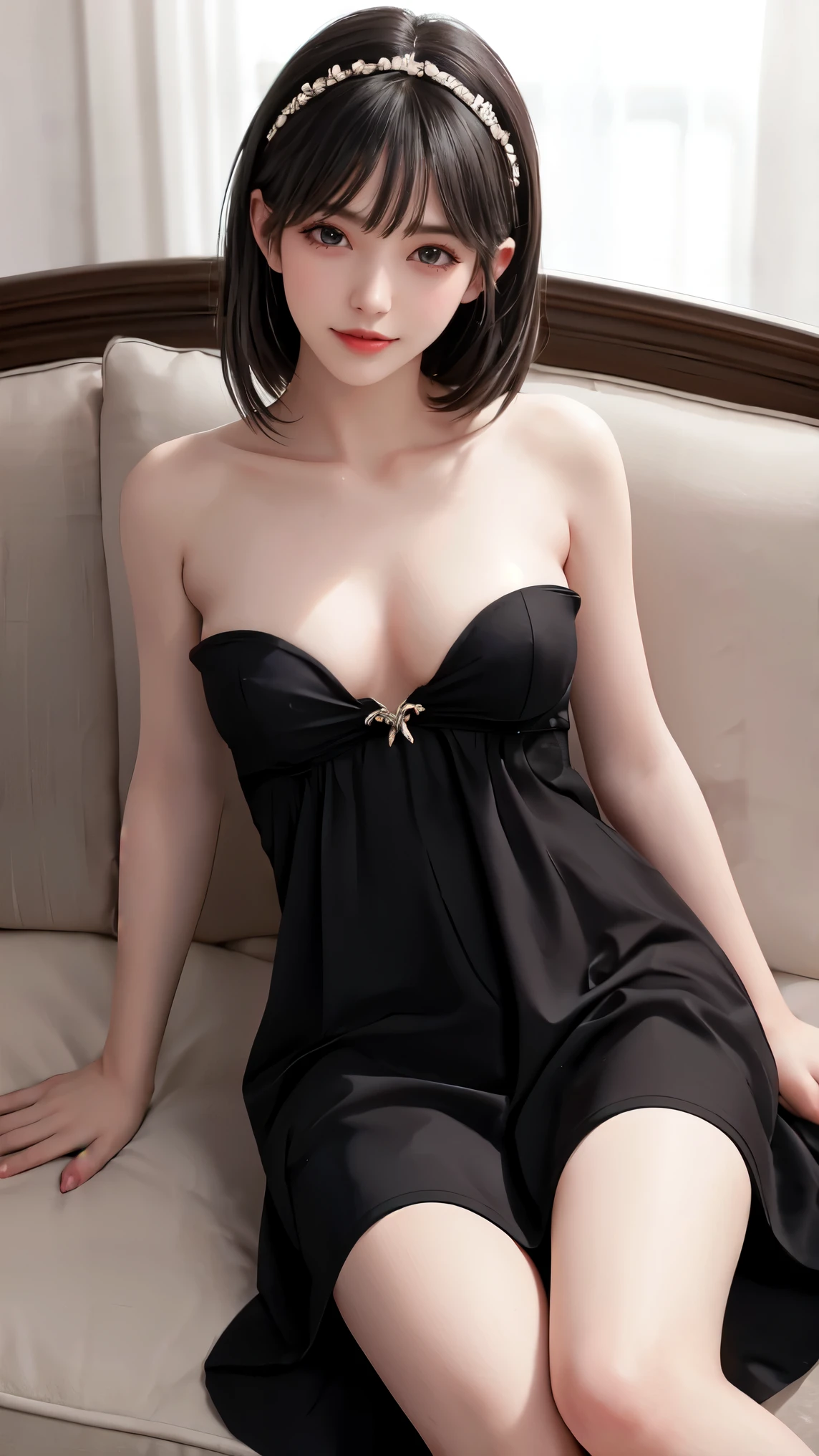 lifu, lifu,strapless dress, (masterpiece, best quality:1.2), 1girl, solo, ((bare shoulders)), (Practical:1.37), ((Lying on the sofa)), ((Bird's-eye view shooting)), Sweet maiden, beautiful妆容, Exquisite makeup, Extremely beautiful eyes, Long hair, curls, slim body, ((Large Breasts, Big breasts, Cleavage)), Sexy slender legs, The skirt is short, Showing off sexy legs, Elegant posture, Seductive pose, Dynamic posing, Best quality, correct, correct的手, correct的腿, 解剖学correct, Official Art, complex, detail的脸, detail, lifelike, Very detailed, amazing, beautiful, Young and energetic, Charming model, Meticulous CG Uniform 8k wallpaper
