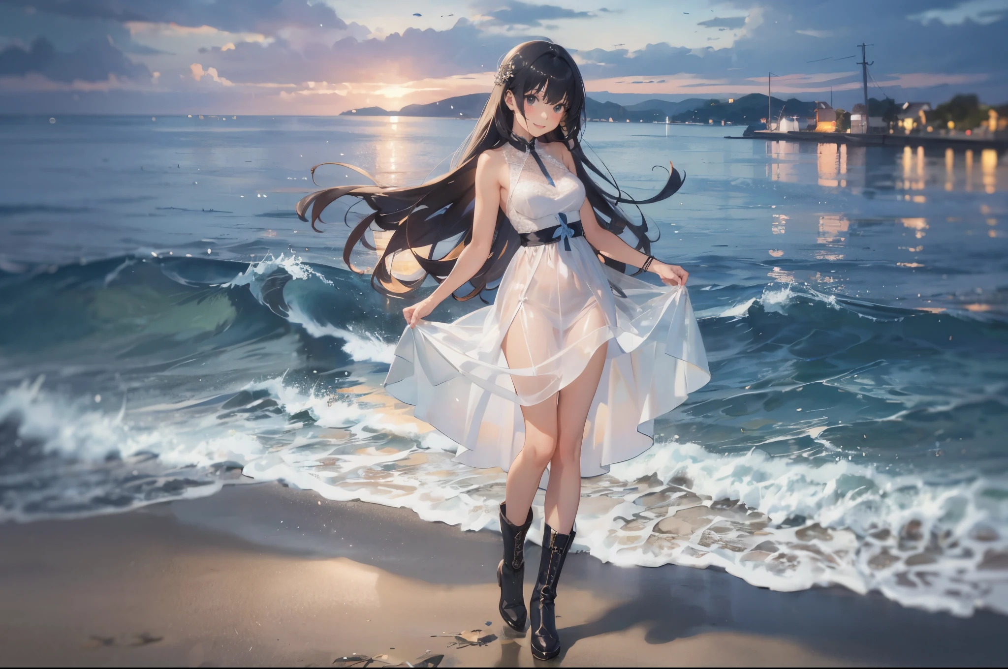 a cartoon girl in a see-through white dress and boots, smile, in dress, cute anime waifu in a nice dress, my dress up darling anime, anime girl wearing a black dress, pretty anime girl, anime full body illustration, young anime girl, beautiful anime girl, by the sea,