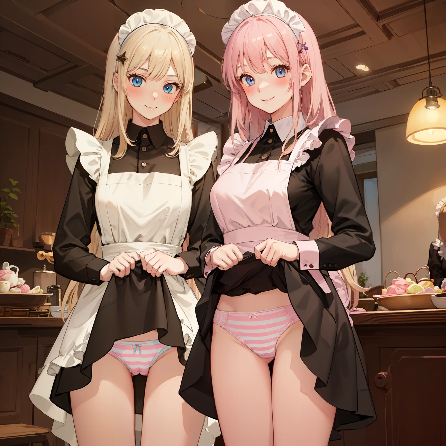highest quality、masterpiece、((2 women:1.5))、((smile:1.3))、(blush:1.3)、Black Shirt、blouse、((fun!!))、(Small breasts)、(Blonde:1.3)、(long hair)、(Long sleeve)、((White apron:1.5))、((Maid))、((hair ornaments)),、Kamimei、look at me、 ((in house:1.5))、 Taking a break from watching the audience、Cowboy Shot、(Skirt lift:1.3),(Highly detailed pink striped panties:1.3)、(Highly detailed panties:1.3)、、(スカート that rolls up:1.3)、(Panties fully exposed:1.5)、Light blue eyes、long hair、Glowing Eyes