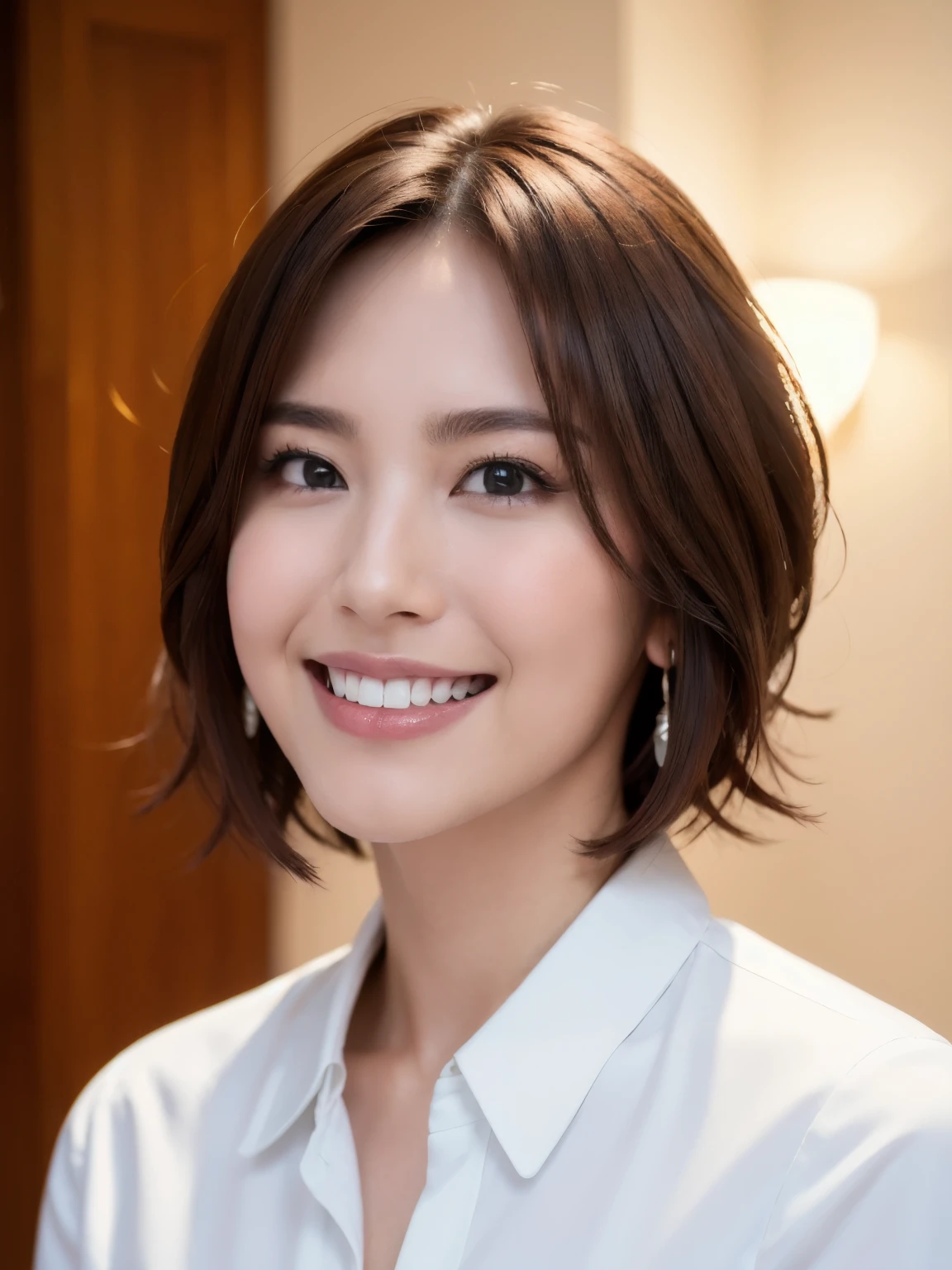 highest quality, whole body, masterpiece, Ultra-high resolution, Realistic, Very detailed, Professional lighting smile, Eagle Nose, short hair, White shirt, Face Length