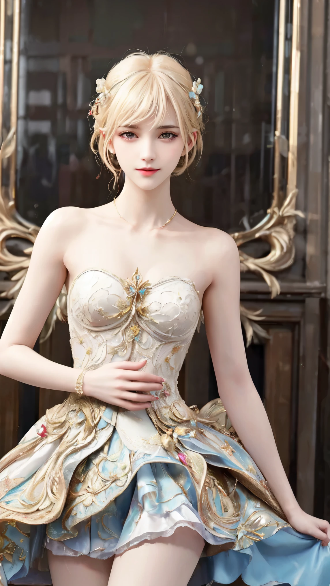 lifu, lifu,strapless dress, masterpiece,best quality, high质量,high清晰度,high质量的纹理,high质量的阴影,high细节,Beautiful details,Fine details,Extremely detailed CG,Detailed Texture,lifelike的面部表现,lifelike的,rich and colorful,Exquisite,Sharp focus,(Intricate detailake up,PureErosFace_V1:0.5),(细节美Exquisite脸,(细节美Exquisite眼睛),Perfect比例的脸,highDetails of the skin,Details of the skin,Four fingers and one thumb in optimal proportions,emaciated:1.3),1 girl,,high,(Smooth abs:1.55),pretty,Perfect,high,((Bare shoulders)), ((The skirt is short)), (Long legs),(Straight Legs),(Thin waist),((White skin)),White skin,((White skin)),(Emma Watson),Big breasts,((Caucasian)),Light Blonde Hair,Stand with your legs apart,Looking at the audience,whole body,Portrait of cute blonde girl,((Cherry tree)), ((站在Cherry tree下,Look into the distance)),Bloom,Orange Mist,sports,Wisps of hair,lifelike,high品质渲染,Amazing Art,high品质,Film Grain,Fujifilm XT3,dream