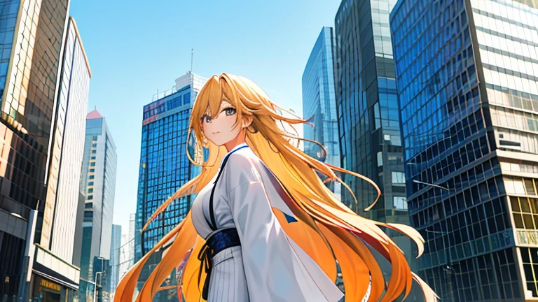A portrait of a 28-year-old Japanese woman with long, golden blonde hair cascading down her shoulders, dressed in contemporary summer attire. Her modern and relaxed aesthetic is reflected in her confident and composed expression. The scene is set in a vibrant business district during a sunlit summer day, where towering buildings and bustling activity create an energetic backdrop. The focus remains on her, with no particular accessories or items drawing excessive attention, allowing the viewer totake in the harmony between her and her surroundings. (vibrant_color:1.2), (detailed painting, photographic style), (professional artwork, high resolution, best\_quality:1.0), (field