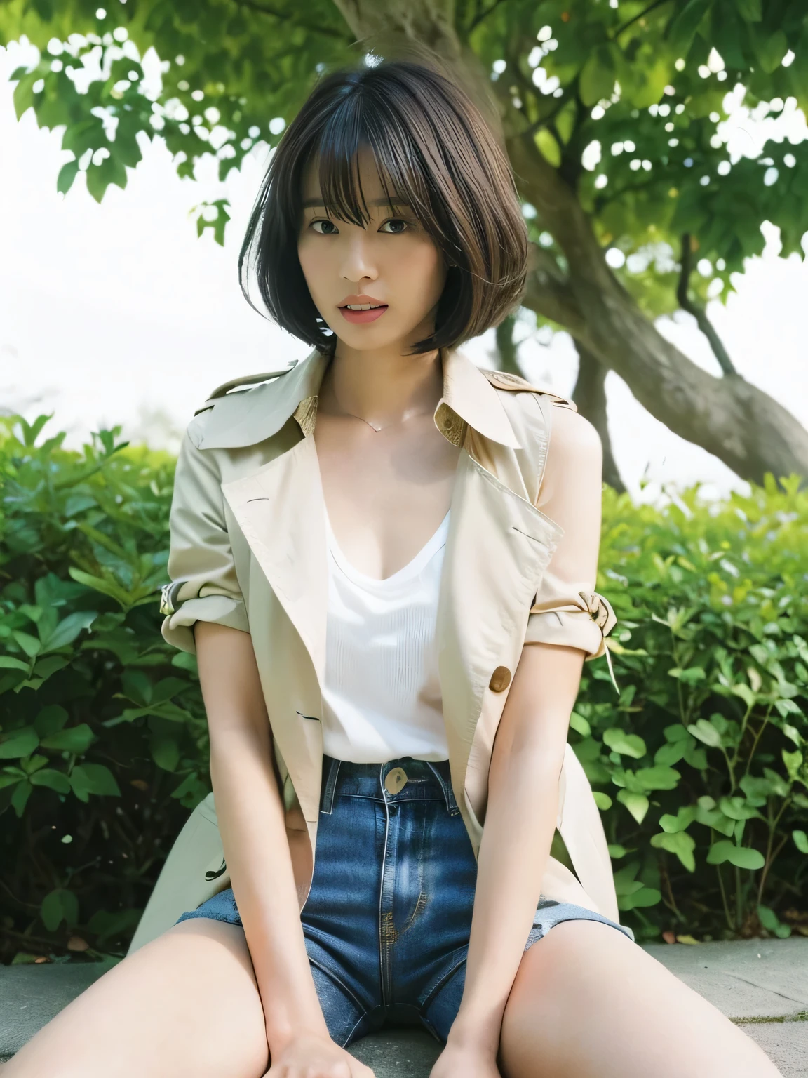 ((whole body from thighs:1.5)), ((Photorealism)),
((highest quality, 8k, masterpiece: 1.3)), Perfect body beauty: 1.4, (Breast A cup:1.5), Small breasts, Round shaped breasts, Perfectly shaped breasts, Highly detailed face, Beautiful woman, Slim face, Highly detailed face and skin texture, Highly detailed lips, Spread your legs, highest quality, masterpiece, 超A high resolution, (Realistic:1.4),
((18-year-old, Beautiful female college student)),
((Collared trench coat, Long-hem V-neck T-shirt, Shorts, Do not expose skin:1.5)),
((Cute Earrings, Silver Necklace)),
((Sit in the bushes in the park, Spread your legs, I can see your beautiful thighs:1.5)),
((Sexy atmosphere, Gaze seducing a man, hold out your lips, A sigh escapes:1.2)),
((Point slightly upwards)),
((Squint your eyes)),
((purse your lips:1.2)),
((Blushing:1.2)),
((Open your mouth a little to show your white teeth)),
((Body facing forward)),
((Breast enlargement, Beautiful breasts, Cover your chest with your palms)),
Narrow shoulders, Long, slender legs,
Ultra-detailed skin, Glossy Skin, Ultra detailed face,
Ultra-detailed eyes, Slit eyes, Brown eyes, double eyelid, Beautiful thin eyebrows, Thin, long eyelashes,
Ultra-detailed lips, Fuller lips, Glossy pink lips, Flushed Cheeks, White teeth,
Beautiful actress's languid make-up, Pink lipstick, Smoky eyeshadow, Eye foundation,
Dark brown hair, Delicate and soft hair, Hair blowing in the wind,
(Elegantly putting your hair up, short hair, Straight Hair:1.5), Layered Cut, (Blunt bangs:1.2),