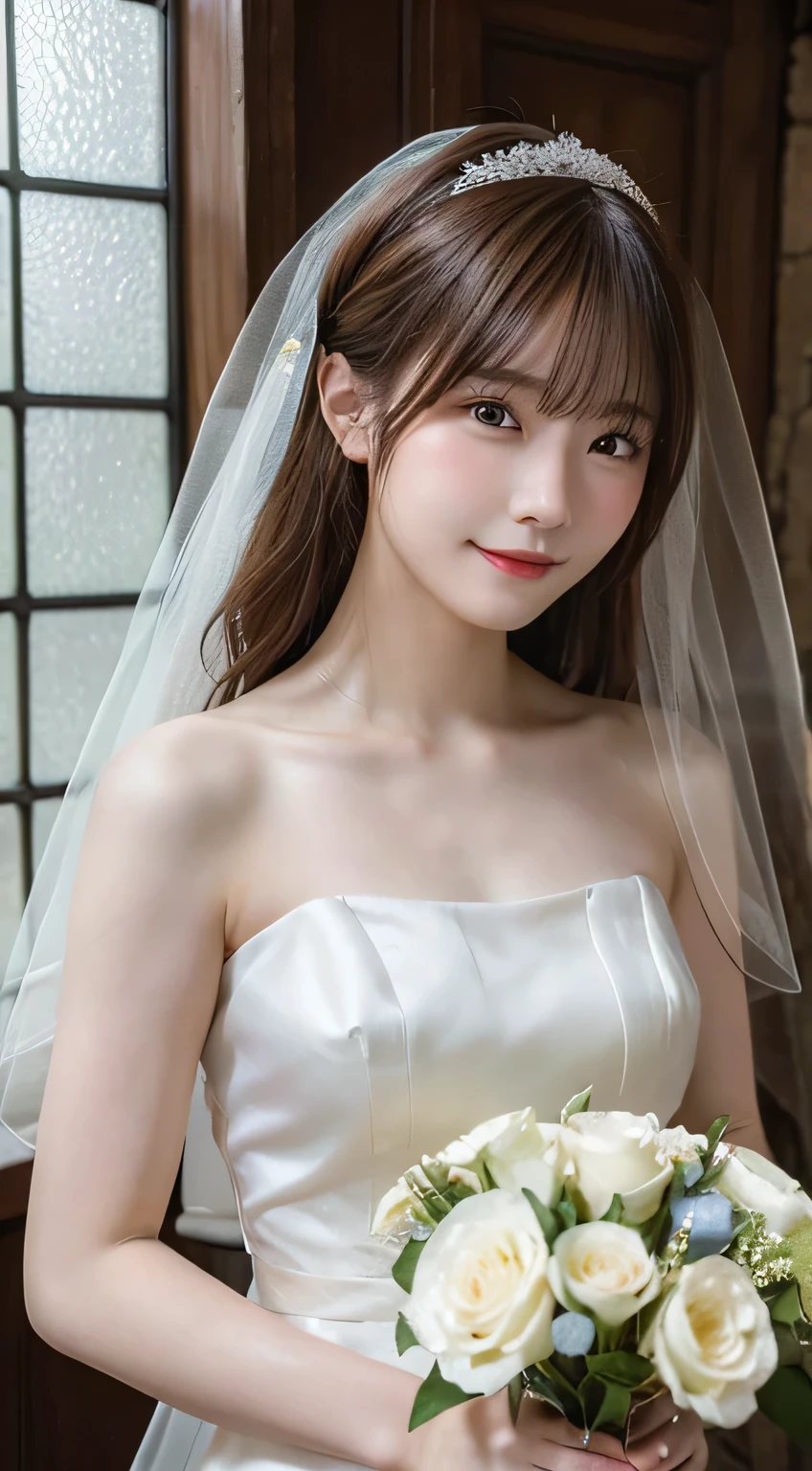 (highest quality,masterpiece:1.3,超A high resolution,),(Ultra-detailed,Caustics),(Photorealistic:1.4,RAW shooting,)Ultra-Realistic Capture,Very detailed,High resolution 16k human skin closeup。 The skin texture is natural、,Pores、It must be detailed enough to be easily identifiable.。 Skin should look healthy and have an even tone。 Use natural light and color,1 girl,Japanese,cute,22 years old,Laughs and Tears,Looking at the camera,Natural brown hair,Half Up,Medium sized breasts,Wedding Veil,Pure white wedding dress,Holding a bouquet,Stand upright,Looking at the camera,Chapel,(Stained glass),Flooded with light,(Front view),View from the front,Cowboy Shot,Natural soft light