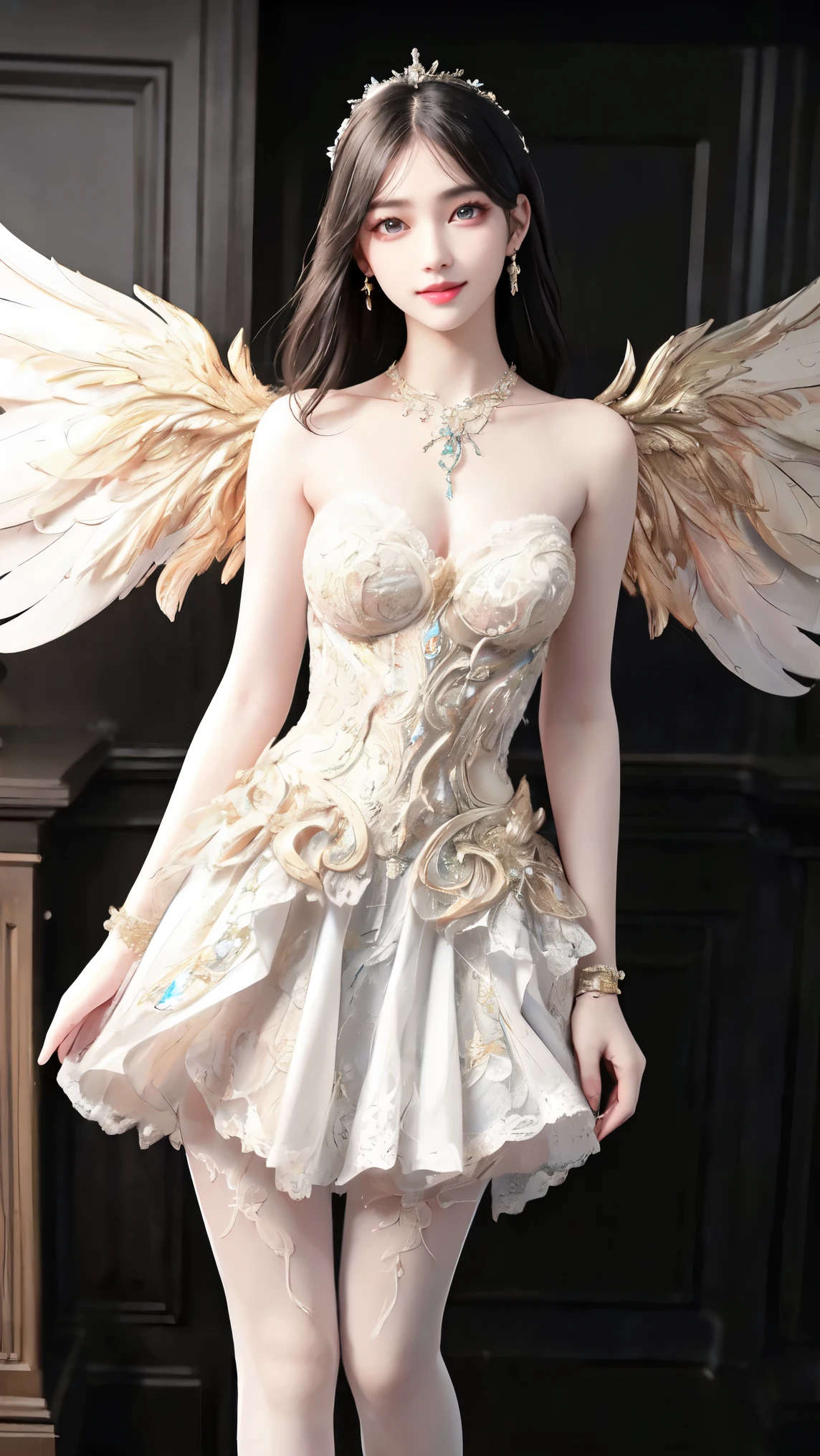 lifu, lifu,strapless dress, ((knee shot)), 8K, masterpiece, original photo, , best quality, detail:1.2),lifelike, Extremely detailed CG unified 8K wallpapers, Depth of Field, Movie Light, lens flare, Ray Tracing, ((Bare shoulders)), ((The skirt is short)), (Extremely beautiful face, Beautiful lips, beautiful eyes), intricate detail face, ((ultra detailed skin)) 1 girl, in the darkness, Deep Shadows, Beautiful Korean girl, Korean Popular Idols,(Very slim figure:1.3), (A bright smile), (City night, (Neon), (night), White Diamond Earrings, Diameter Bracelet, Dia NeckLace, Black pantyhose, Clear eyes, Walk , front Photo, Facing forward, (big eyes), ((Lace))