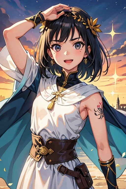 masterpiece, highest quality, One girl,Very detailed,Ukrainian facial structure,Rin々Nice face,Open Mouth Smile,Adventurer Uniform,Medieval Europe,Dynamic Action,Medium Hair,Show your armpits, Natural Beauty,Black eyes,European facial structure,The dignity of a hero,Small hair ornament,Mole under the right eye,Tattoo on arm,White Cape,