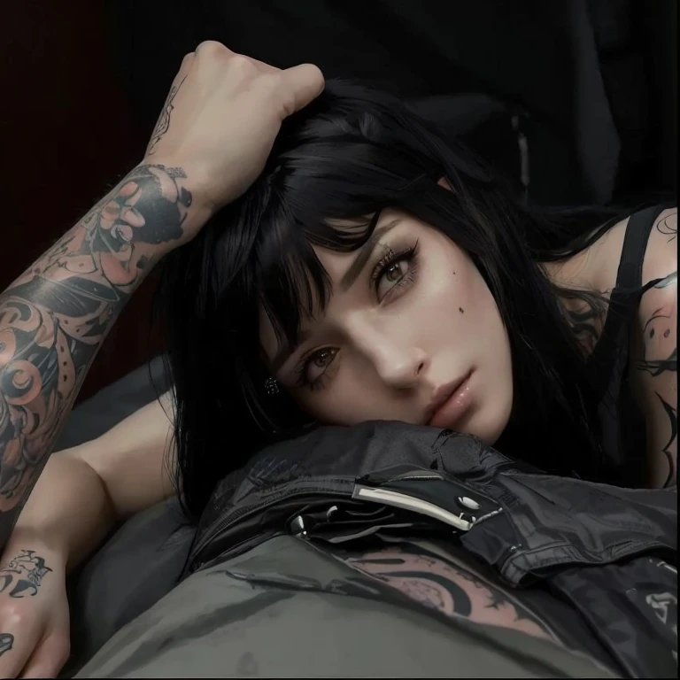 arafed woman with tattoos laying on a bed with a black jacket, hyperrealism artstyle, ultra realistic picture, hyper realistic illustration, hyper-realistic cyberpunk style, hyperrealistic picture, portrait of ultra realistic, cyberpunk style , hyperrealistic, realistic artwork, seductive tifa lockhart portrait, hyperrealistic illustration, highly detailed portrait, ultra realistic art, beautiful photorealistic imagery