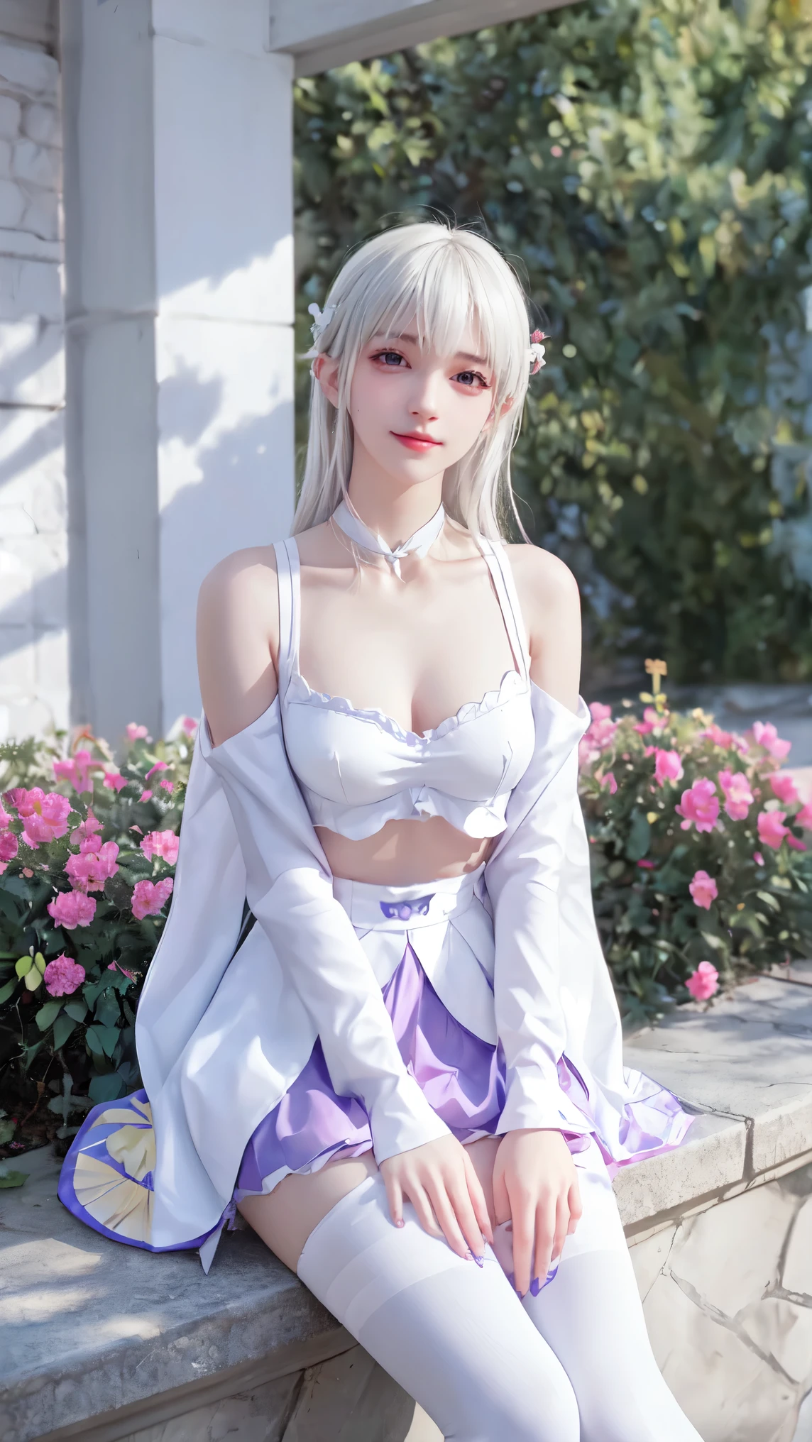 1gir,emilia,emiria,silver hair,dress,thighhighs, masterpiece，best quality， high质量，high清晰度，high质量的纹理，high质量的阴影，high细节，Beautiful details，Fine details，Extremely detailed CG，Detailed Texture，lifelike的面部表现，lifelike的，rich and colorful，Exquisite，Sharp focus，(Intricate detailake up，PureErosFace_V1:0.5)，(细节美Exquisite脸，(细节美Exquisite眼睛)，Perfect比例的脸，highDetails of the skin，Details of the skin，Four fingers and one thumb in optimal proportions，emaciated:1.3)，1 girl，************，high，(Smooth abs:1.55)，pretty，Perfect，high，((Bare shoulders)), ((The skirt is short)), (Long legs)，(Straight Legs)，(Thin waist)，((White skin))，White skin，((White skin))，(Emma Watson)，Big breasts，((Caucasian))，Light Blonde Hair，Stand with your legs apart，Looking at the audience，whole body，Portrait of cute blonde girl，((Cherry tree)), ((站在Cherry tree下,Look into the distance))，Bloom，Orange Mist，sports，Wisps of hair，lifelike，high品质渲染，Amazing Art，high品质，Film Grain，Fujifilm XT3，dream