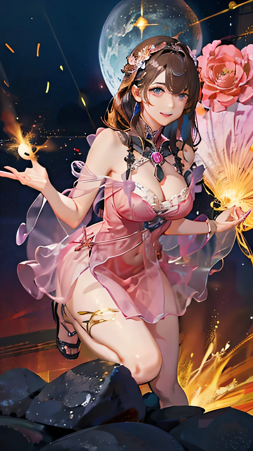 (highest quality, High resolution), Glowing Eyes, Delicate facial features, Vibrant colors, Dreamy atmosphere, Fantasy Theme, Floral Background, Graceful Movement, Detailed clothing, loose fitting dress, Elegant fashion, Magic lighting, Mysterious Aura, Heavenly Beauty, Magic thread, Whimsical elements,Big Breasts、Red attire、Colorful costumes、lingerie、Purple outfit