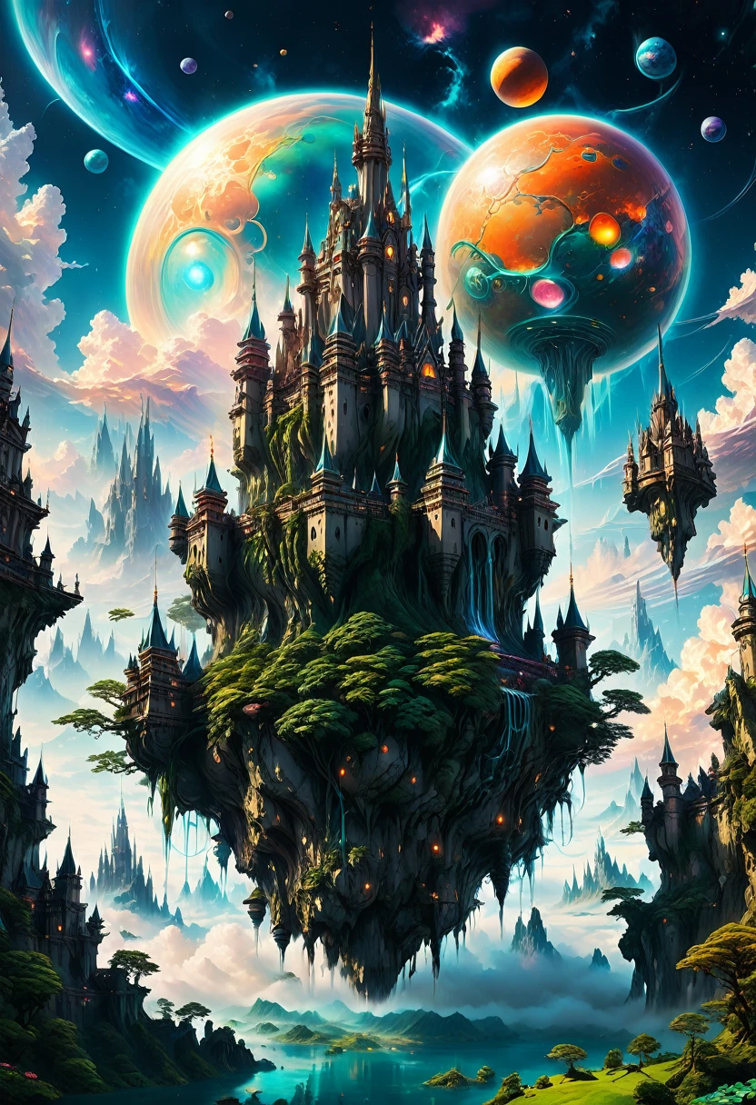 Dream Castle, aesthetic, Masterpiece, a painting of a futuristic Dream Castle in the sky with planets, in fantasy sci - fi Dream Castle, floating Dream Castle in the sky, stylized urban fantasy artwork, floating Dream City on clouds, fantasy cityscape, epic fantasy sci fi illustration, flying cloud castle, palace floating in the sky, fantasy highly detailed, fantasy space, 4k highly detailed digital art, fantasy planet, planetary Dream Castle, concept art inspired by Mike "Beeple" Winkelmann, cg society contest winner, fantasy art