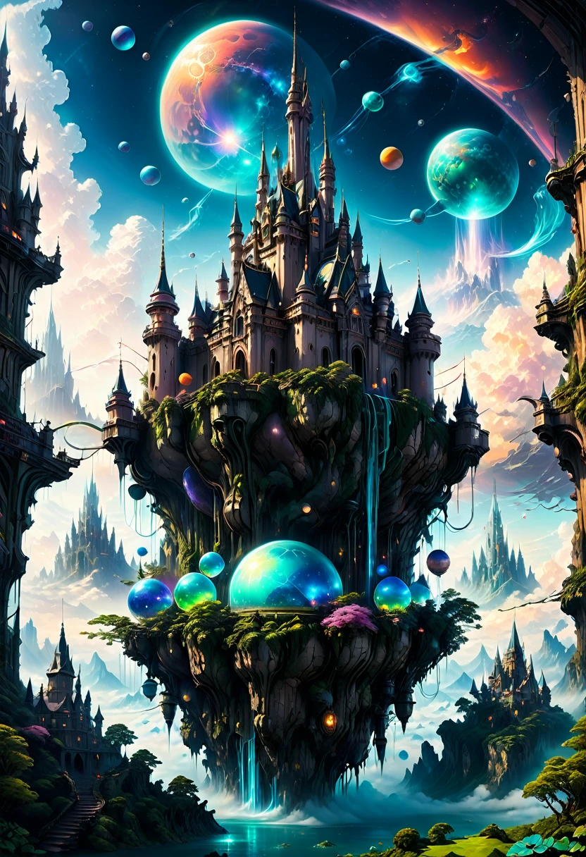 Dream Castle, aesthetic, Masterpiece, a painting of a futuristic Dream Castle in the sky with planets, in fantasy sci - fi Dream Castle, floating Dream Castle in the sky, stylized urban fantasy artwork, floating Dream City on clouds, fantasy cityscape, epic fantasy sci fi illustration, flying cloud castle, palace floating in the sky, fantasy highly detailed, fantasy space, 4k highly detailed digital art, fantasy planet, planetary Dream Castle, concept art inspired by Mike "Beeple" Winkelmann, cg society contest winner, fantasy art