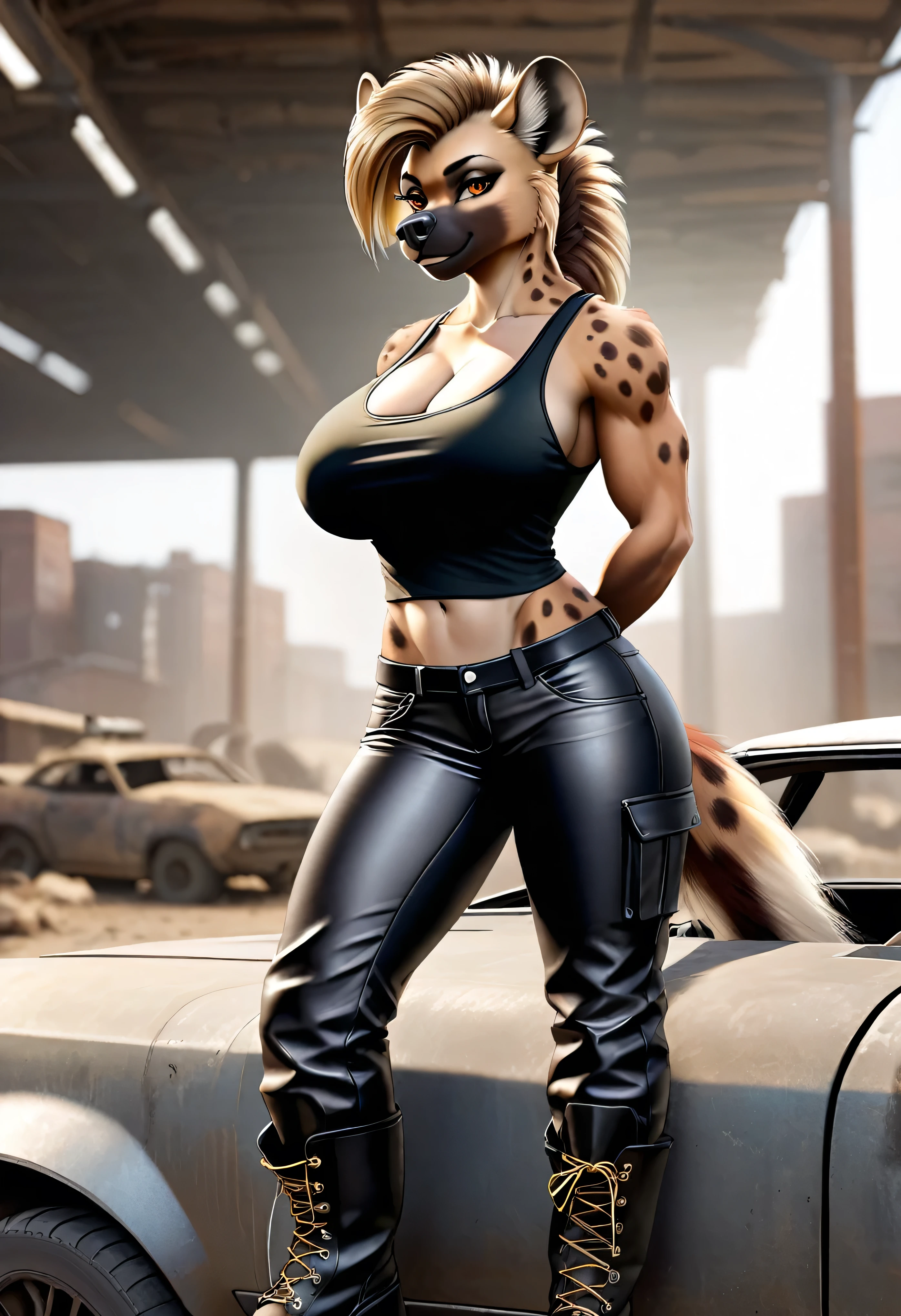 4k highly detailed realistic digital extremely high quality drawing, masterpiece, (by keeltheequine), (uploaded on e621), (a full-body portrait of an anthro hyena girl), ((posing on the hood of a car in a post-apocalyptic wasteland)), ((wearing a tanktop, tight leather pants and combat boots)), (beautiful and detailed eyes:1.1), fur, seductive, sexy, voluptuous, curvy body, hourglass figure, large breasts, muscles, cinematic lighting, (f1.8 short focus bokeh)