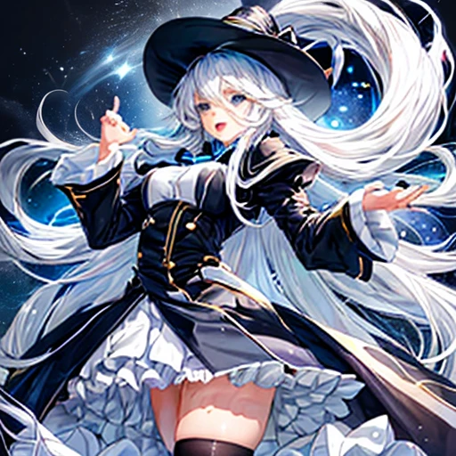 Cute girl with long white hair. Perfect blue eyes, face, open mouth, black hat, long coat, close up, low angle, skirt flip, perfect legs, thighs!!!!, arms up bent, tight shirt, perfect breast, high socks,