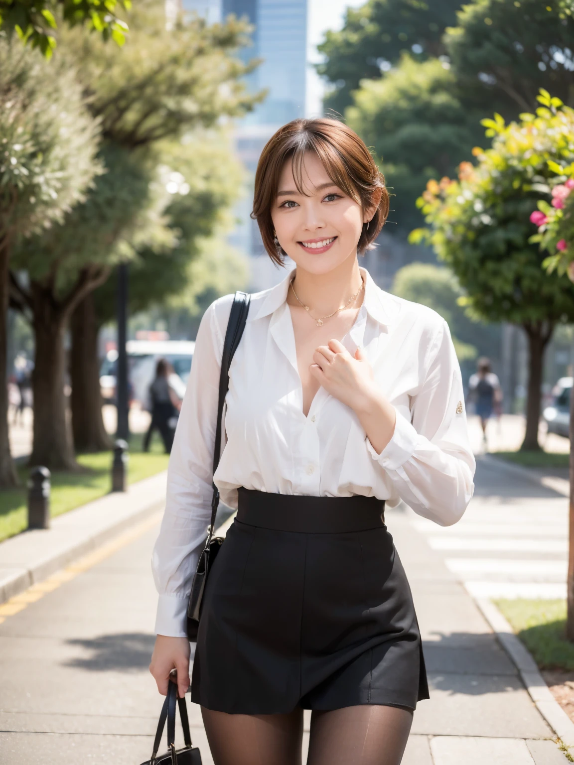 (8k,Ultra-high resolution,Highest quality,masterpiece,Realistic,Ultra-high resolution,High-quality RAW color photos,Professional photos,Realistic,Realistic),Natural skin texture,Fine skin,Hyperrealism,Intricate details,Adult women,Eye highlights.Lip gloss,Glossy Lips,(Cute smile,Short Hair,Dark blonde hair,bangs),(((gigantic breast,Big Breasts))),(girl uniform,(White Cutter Shirt),Azure check patterned pleated mini skirt,tie),Urban area,((face focus,Staring at the audience)),((((windy up skirt,Skirt fluttering in the wind,Panty shot))))