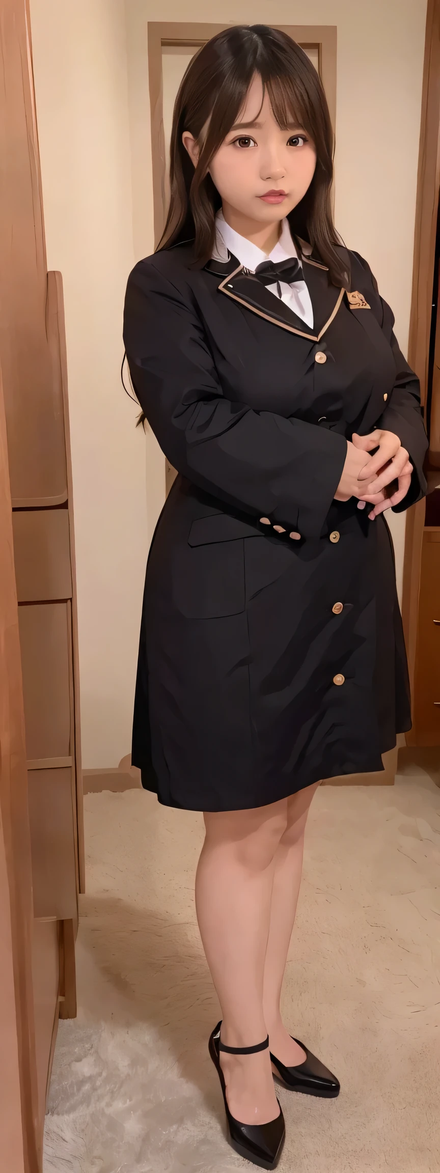 Japanese maid, Mature Woman, ((A little chubby, Round face, About 40)), Wavy black hair with no bangs, Long Hair, Twin ponytail, Flashy makeup, Fuller lips, Sexy Gaze, uniform, ((dressing)), looking at the camera, Low angle shooting, Cute duck mouth,((Extremely precise and accurate anatomy)), (masterpiece:1.43), Perfect Proportions, Realistic photos, Full Shot, whole body, (height: 148cm), High heels Has two legs,Has two arms、Has two legs, You need two arms))