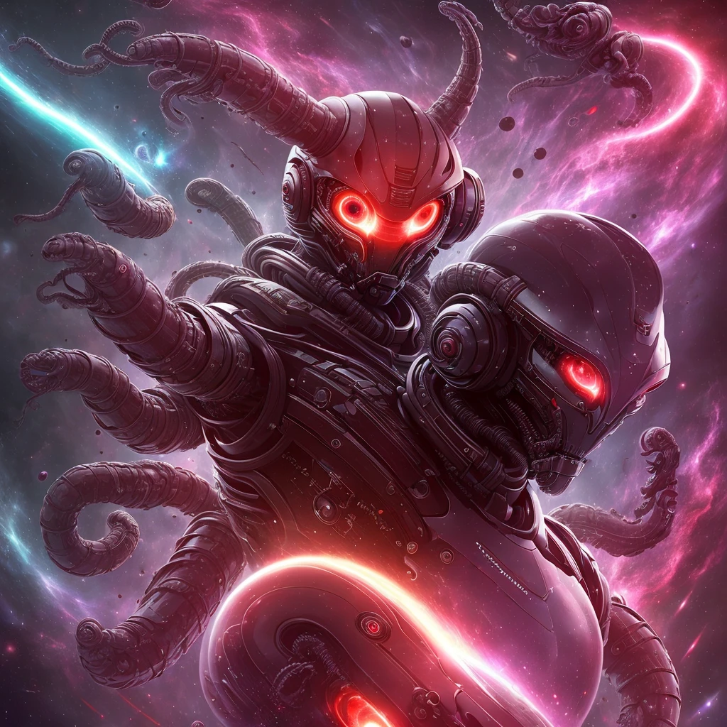 (((Awesome))) (((detailed))) a cool dangerous galaxy alien cat, cat body, galactic cat, sci-fi robotic cat, red sharp eyes, evil smirk, cool, furry, robotic arms around his body like octopus tentacles, tentacles with alien guns, mysthic, mystical, glorious, dangerous, red black white fur, determined dangerous eyes, floating in the space, dark red Galactic space.
