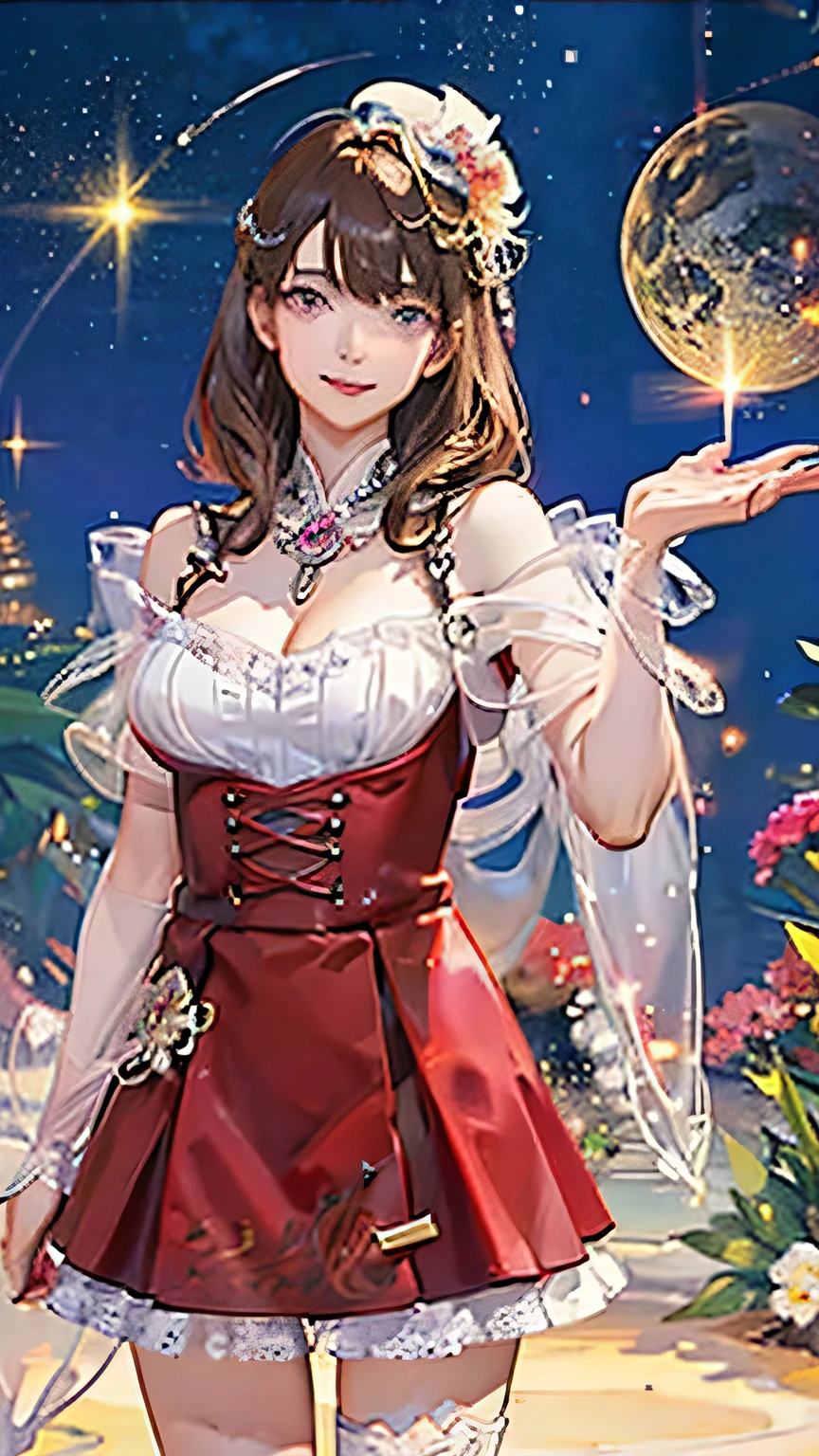 (highest quality, High resolution), Glowing Eyes, Delicate facial features, Vibrant colors, Dreamy atmosphere, Fantasy Theme, Floral Background, Graceful Movement, Detailed clothing, loose fitting dress, Elegant fashion, Magic lighting, Mysterious Aura, Heavenly Beauty, Magic thread, Whimsical elements,Big Breasts、Red attire、Colorful costumes、lingerie、Purple outfit