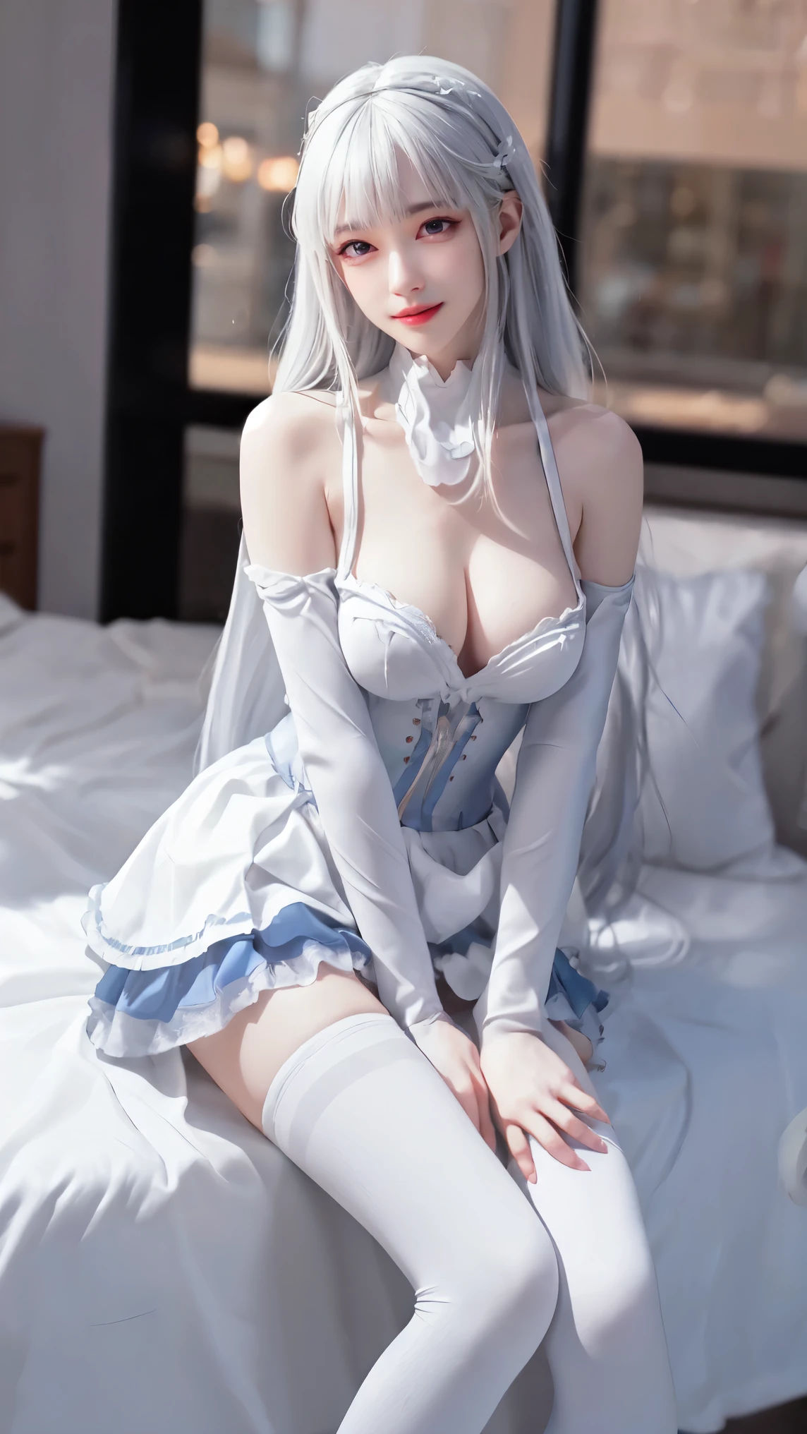 1gir,emilia,emiria,silver hair,dress,thighhighs, ((Bare shoulders)), ((Full breasts)), ((The skirt is short)), ((Sexy legs)), ((whole body)), Practical, Fashion girl, Red lips, Young women, Exquisite makeup, big eyes, beautiful, (best quality, masterpiece:1.2), ((Clear images)), The right hand, The right hand指, Anatomically correct, Ultra Detailed, (Practical:1.37), ((Random scenes, Random shooting angles)), ((Sexy long legs)), Young and energetic, Charming model, (Delicateeyes, Delicate lips), Show a bright smile, Create stunning girl images, warm color, Very high color saturation, Official Art, Extremely detailed CG, Unity 8K Wallpaper, (High Dynamic Range :1.4), (Movie atmosphere),(Soft colors), (Natural skin texture, ultra-Practical, Soft Light, sharp),(Very detailed), night, moonlight