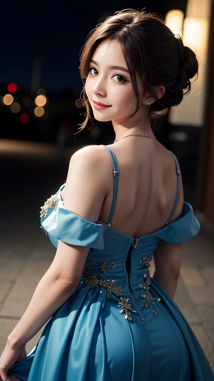 A girl named Shinestar, first-person view, Backlight Flare, f/1.8, 135mm, Nikon, Updo, UHD, Retina, masterpiece, accurate, anatomically correct, textured skin, Japanese-American half, smile, bright, super detail, high details, high quality, best quality, high-res, 1080P, HD, 4K, 8K, Evening Gown