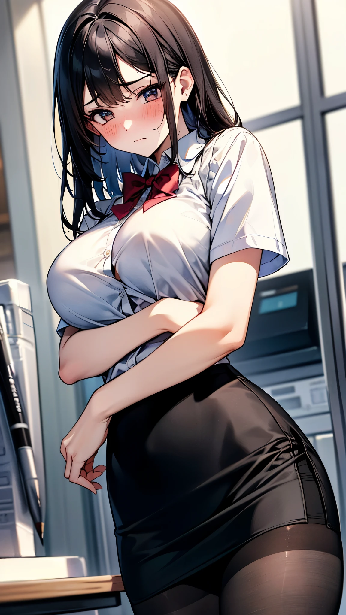 masterpiece,ponytail,(blunt bangs:1.1),serafuku,1woman,skirt lift,show off breasts,big breasts,erect nipples,(Breast milk from the nipple),open clothes,(leaking pee:1.1), (clutching crotch),panties under black pantyhose,(black ribbon ),miniskirt,black hair, grey eyes,(steam,embarrassed,blush,streaming tears:1.3),from below,on classroom