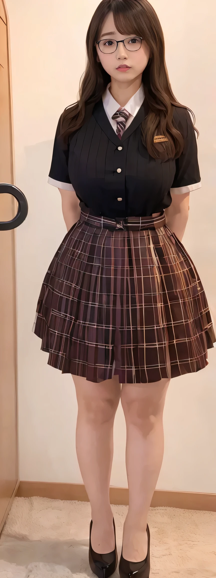 Japanese maid, Mature Woman, ((Chubby round face around 40 years old)), Glasses, Wavy black hair with no bangs, Long Hair, Twin ponytail, Flashy makeup, Fuller lips, Sexy Gaze, uniform, ((dressing)), looking at the camera, Low angle shooting, Cute duck mouth,((Extremely precise and accurate anatomy)),  (masterpiece:1.43), Perfect Proportions, Realistic photos, Full Shot, whole body, (height: 148cm), High heels Has two legs,Has two arms、Has two legs, You need two arms)) 