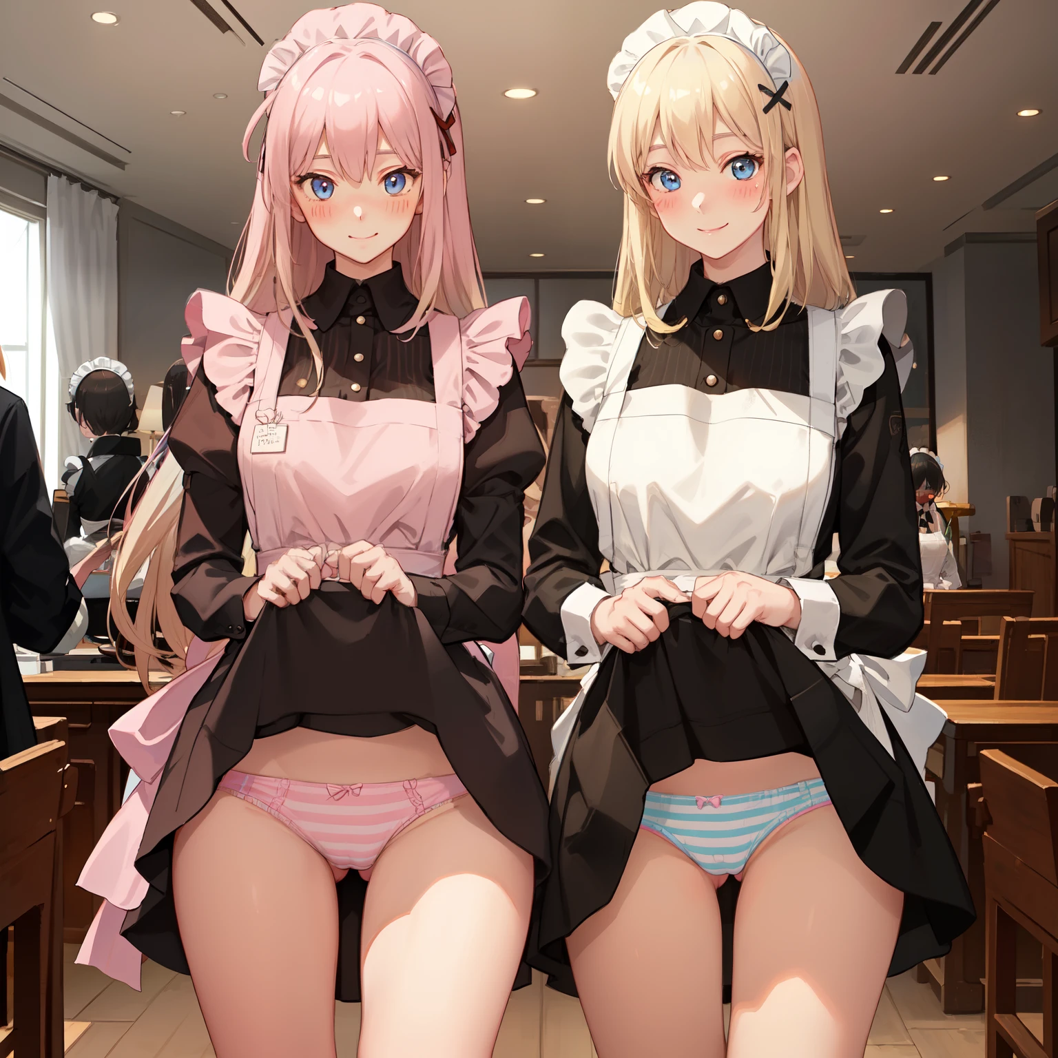 highest quality、masterpiece、((2 women:1.5))、((smile:1.3))、(blush:1.3)、Black Shirt、blouse、((fun!!))、(Small breasts)、(Blonde:1.3)、(long hair)、(Long sleeve)、((White apron:1.5))、((Maid))、((hair ornaments)),、Kamimei、look at me、 ((in house:1.5))、 Taking a break from watching the audience、Cowboy Shot、(Skirt lift:1.3),(Highly detailed pink striped panties:1.3)、(Highly detailed panties:1.3)、、(スカート that rolls up:1.3)、(Panties fully exposed:1.5)、Light blue eyes、long hair、Glowing Eyes