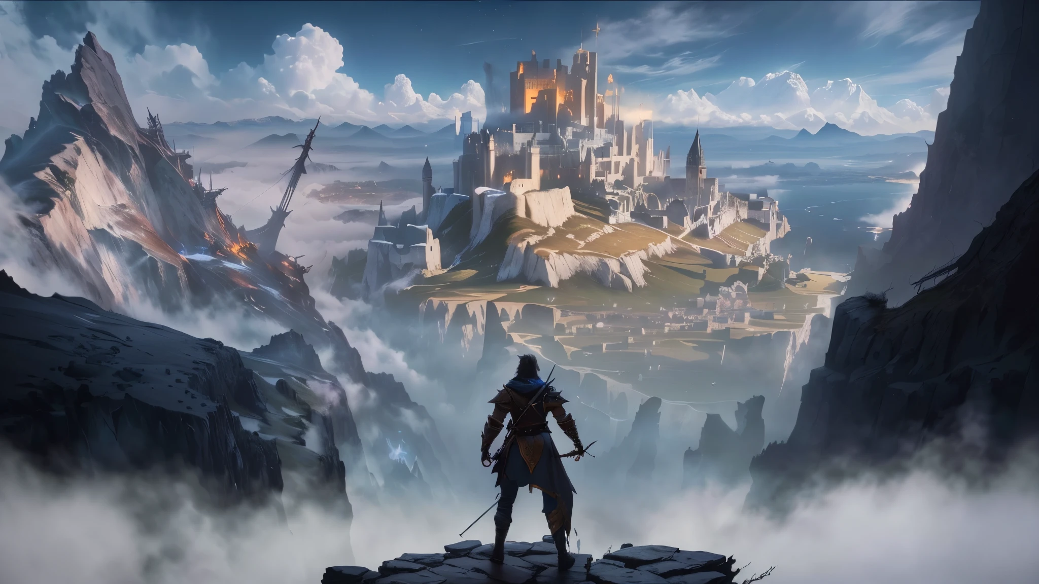 A warrior standing on a cliff，Look at the city in the distance，There is thick fog on the cliff，There are two cliffs close to each other on the left and right.，In the distance is a medieval city in the shadows.，Magic style，Diablo art style，High quality details，8K