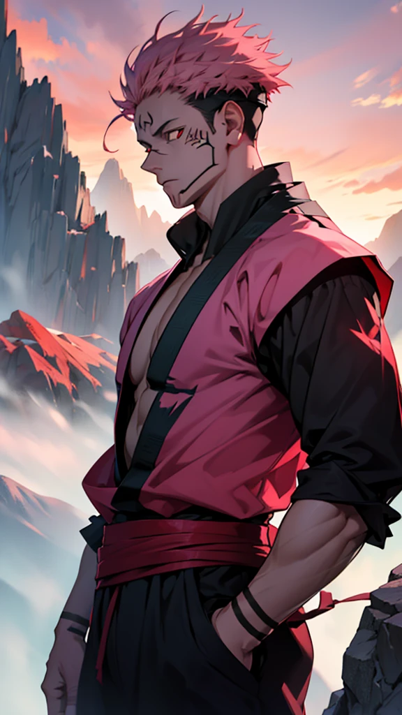 1 Man, 30 years old, Ryomen Sukuna, Jujutsu Kaisen, hair, pink hair, short hair, red eyes, black clothes, cinematographic and vivid paisage, mountains natural cold background