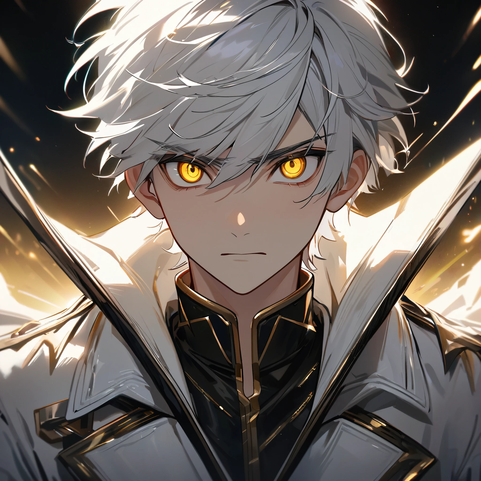 High quality, HD, 4k, handsome male, 1male, 17 years old, teenager, golden lining, short white hair, sharp eyes, gold eyes, devil may cry, close up, calm expression, stoic expression, black leather clothes, white leather clothing, upper body, looking at viewer, cowboy shot, white solar, shining background