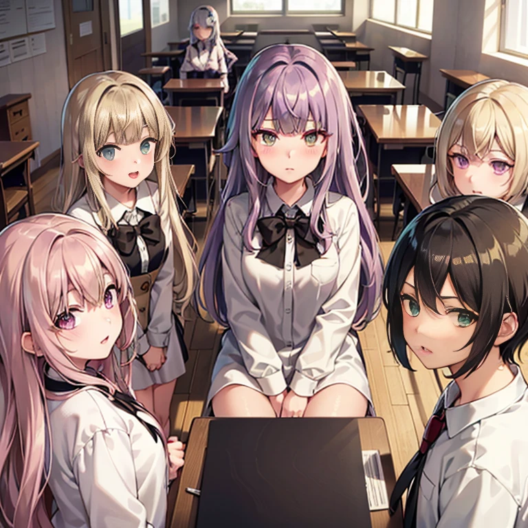 (Seven girls and one boy),(7 girls in a row),(Brunette color hair, Black-eyed loli,Blonde ,White haired red eyed ,Purple hair and heterochromatic pupils ,Pink Hair, Green Eyes, change),uniform,Smart,Classroom Background