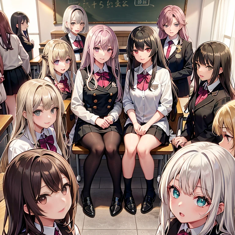 （Seven girls and one boy），（7 girls in a row）,（Brunette color hair, Black-eyed loli，Blonde ，White haired red eyed ，Purple hair and heterochromatic pupils ，Pink Hair, Green Eyes, change）,uniform,Smart,Classroom Background