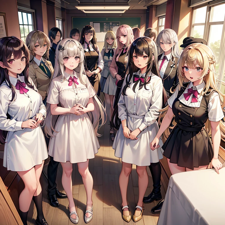 （Seven girls and one boy），（7 girls in a row）,（Brunette color hair, Black-eyed ****，Blonde ，White haired red eyed ，Purple hair and heterochromatic pupils ，Pink Hair, Green Eyes, change）,uniform,Smart,Classroom Background