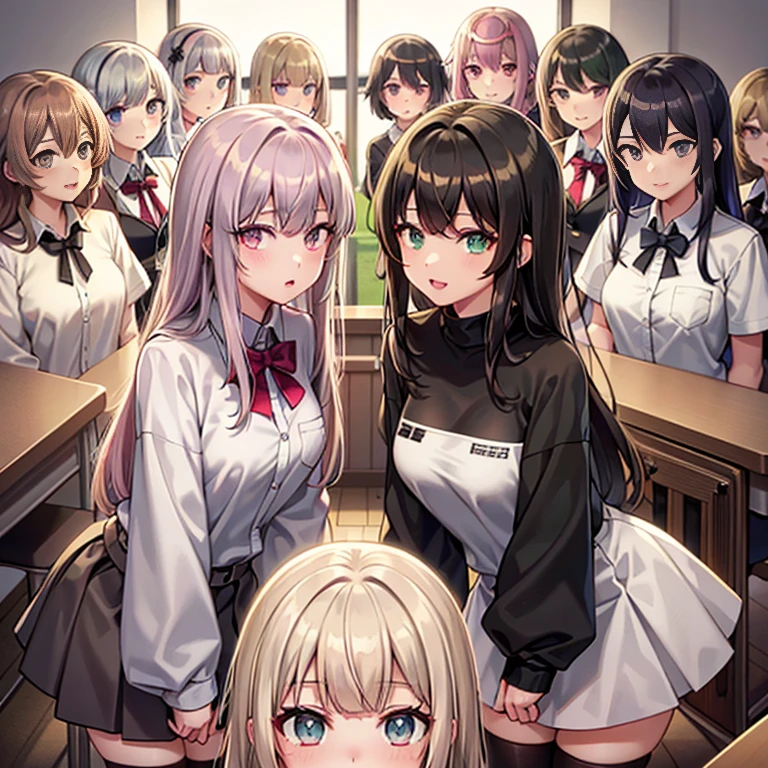 （Seven girls and one boy），（7 girls in a row）,（Brunette color hair, Black-eyed loli，Blonde ，White haired red eyed ，Purple hair and heterochromatic pupils ，Pink Hair, Green Eyes, change）,uniform,Smart,Classroom Background