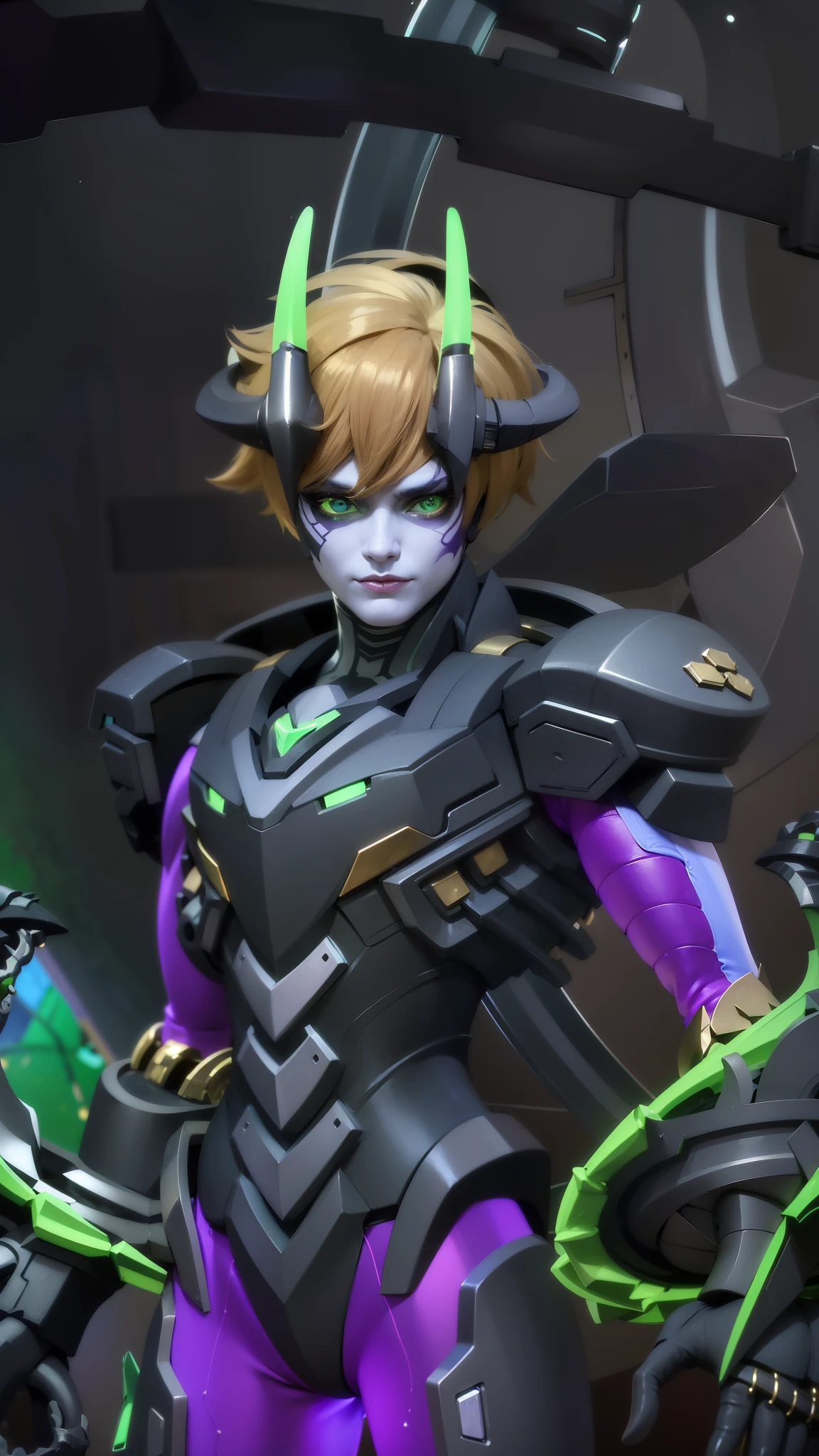 a close up of a person in a purple and green outfit, Masterpiece, ultra HD, detailed all picture, a close up of a devil, dyrroth from mobile legend, evil, extremely detailed artgerm, mobile legends character, inspired by Dyrroth, Six pack chest and abs, black jewel above the chest, light green eyes.